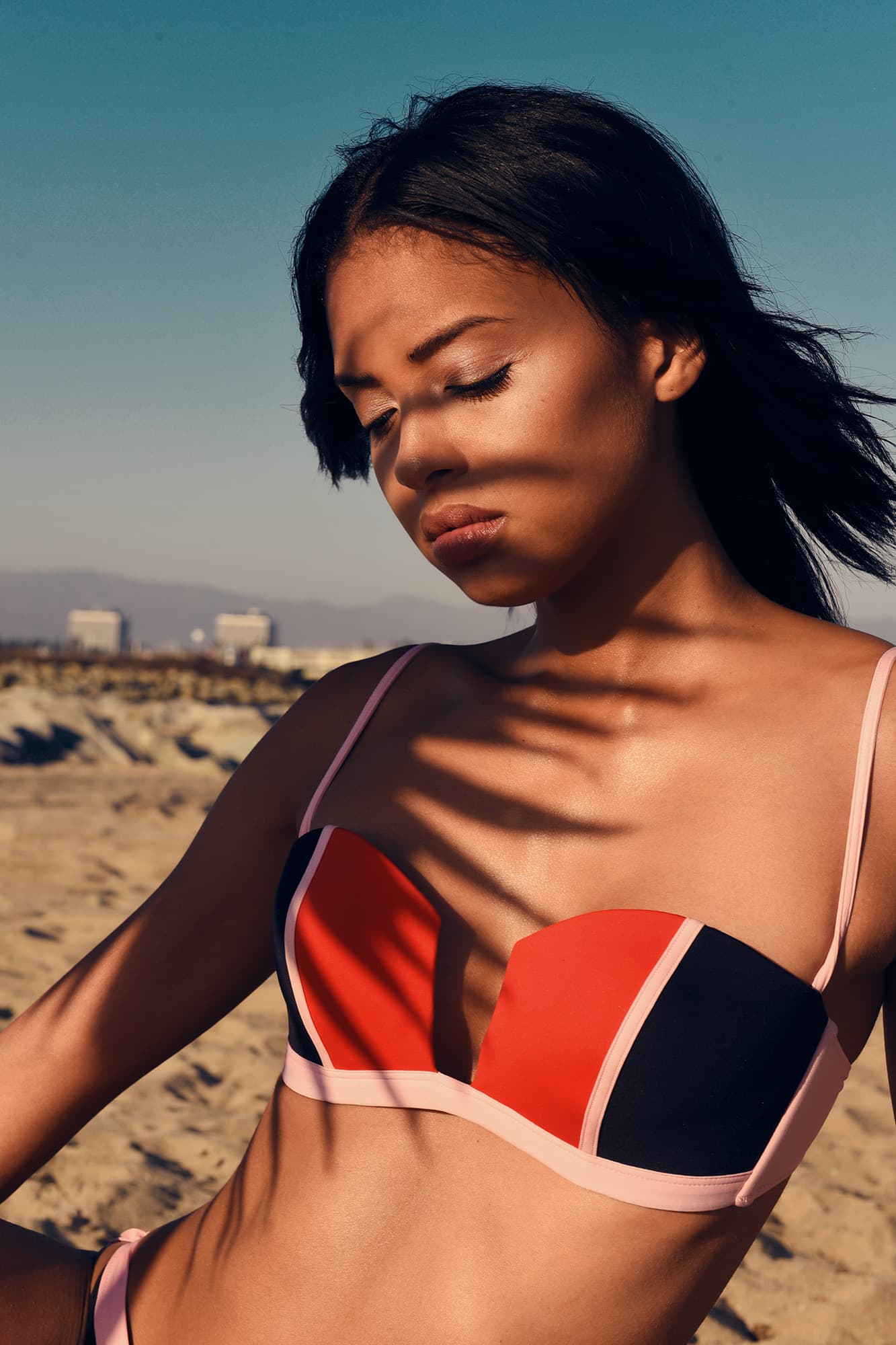 Beach editorial photography, golden hour, sand and waves