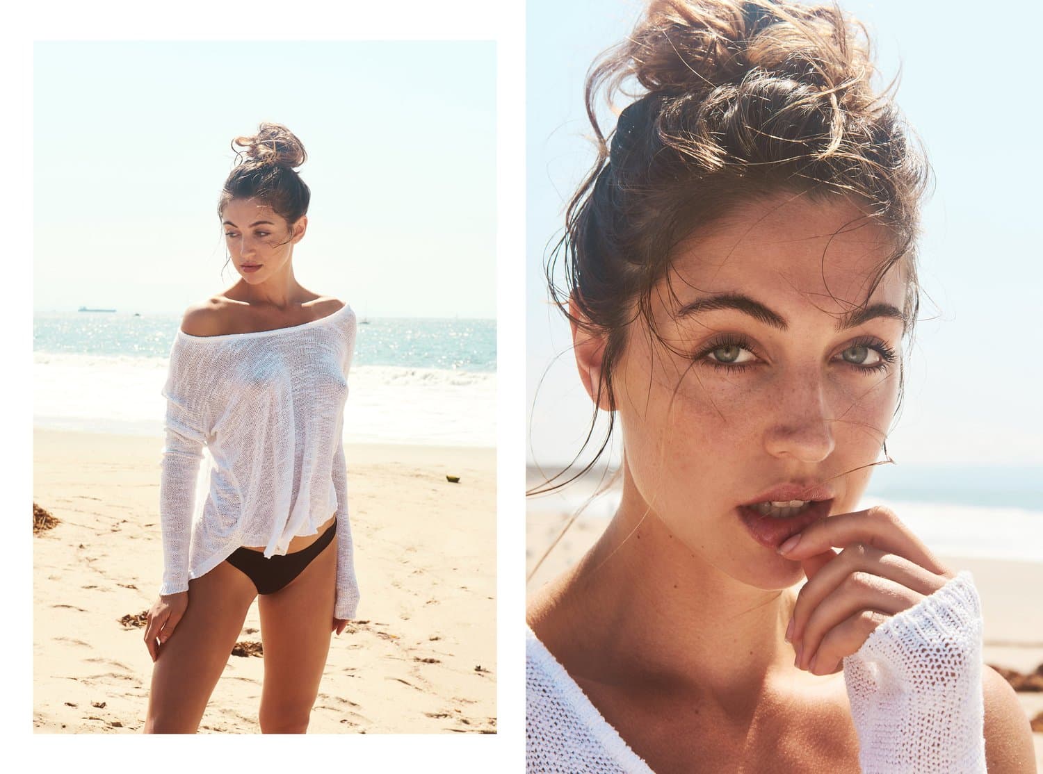 Beach fashion photography, knit cover-up, ocean backdrop